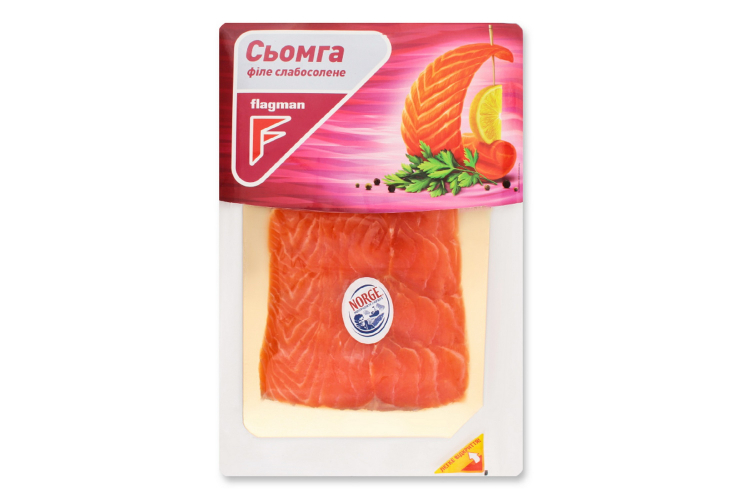 Лосось (сьомга), слайси слабосолені без шкіри, вакуумна упаковка 100г